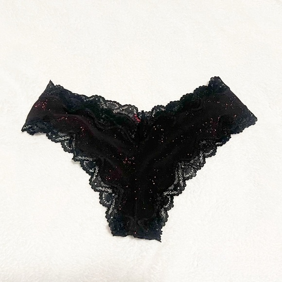 NEW Victoria’s Secret Cheeky Black Pink Bow Sparkly Lace Trim Panty Small RARE - Picture 3 of 7